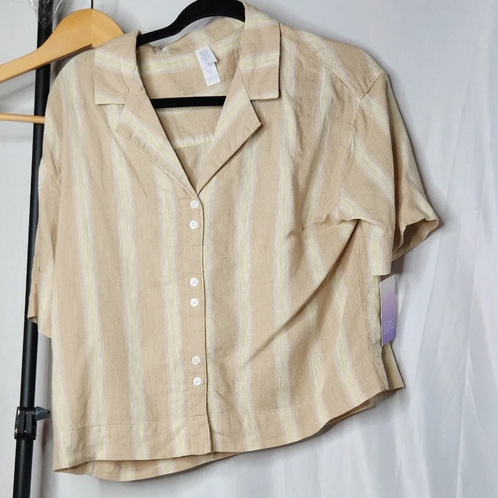Women's Striped Linen Blend Button-Up Pajama Top - Stars Above Tan XS - Picture 2 of 11